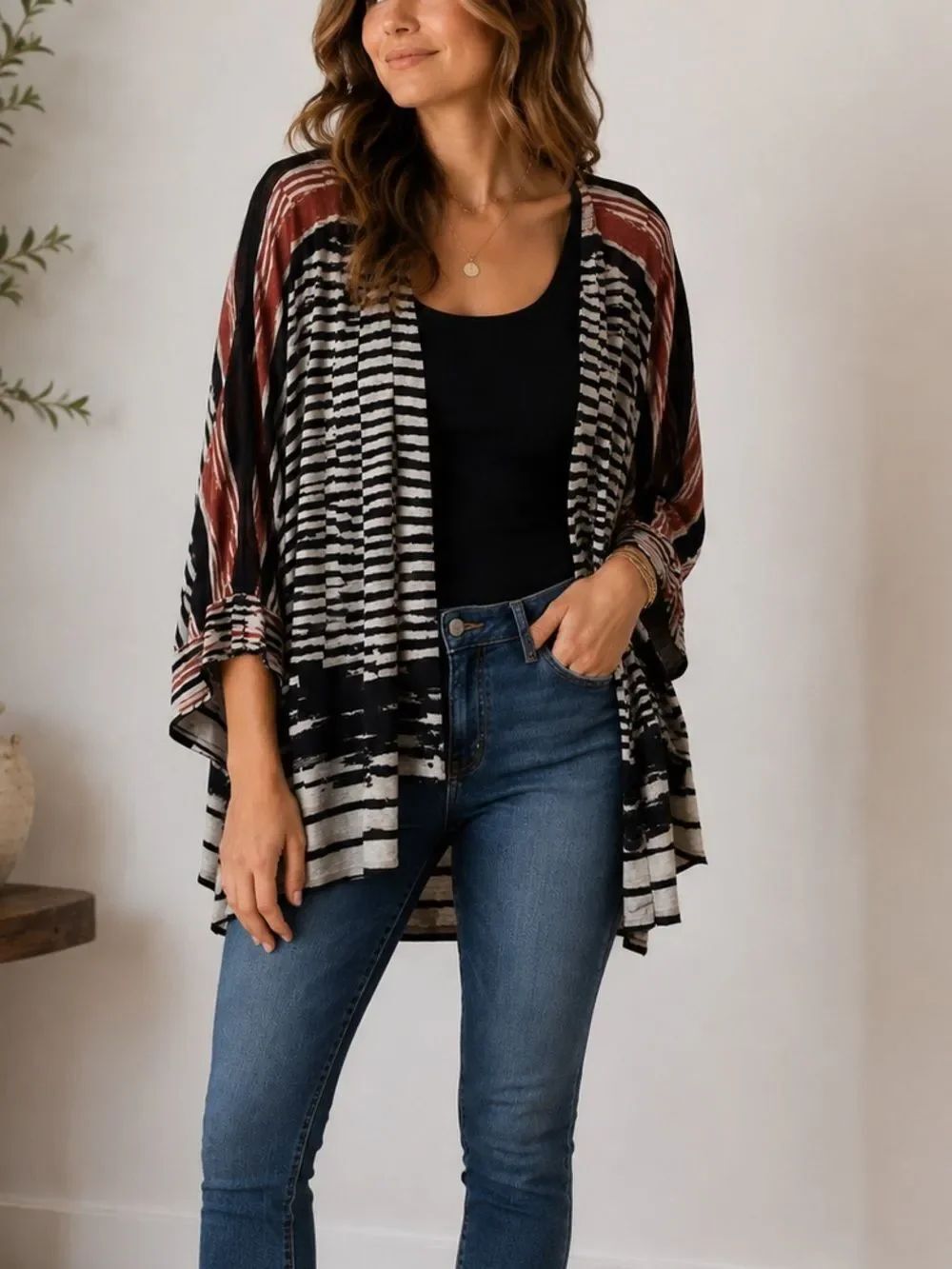 Nic + Zoe Linen Blend Black And White Striped Cardigan With Red Accents Size XL